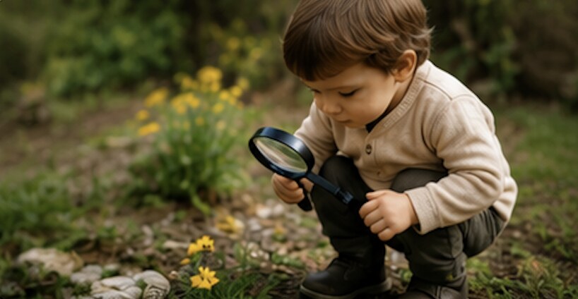 Child inspecting flowers with a magnifying glass