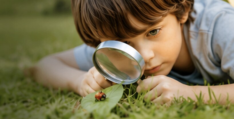 Child looking at a ladybird through a magnifying glass