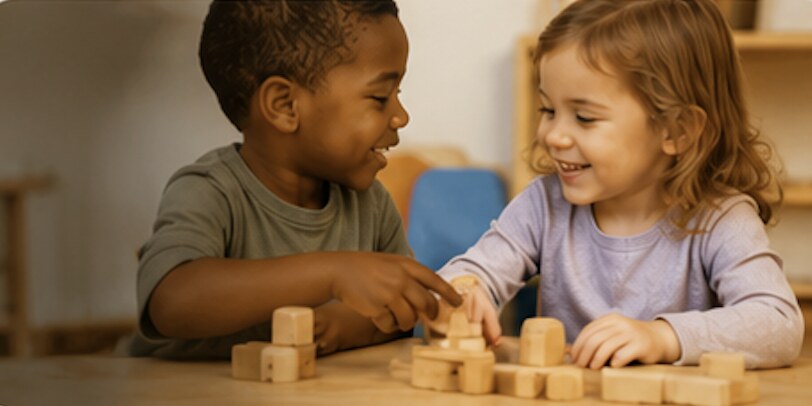 Teacher painting with two young children in a classroom