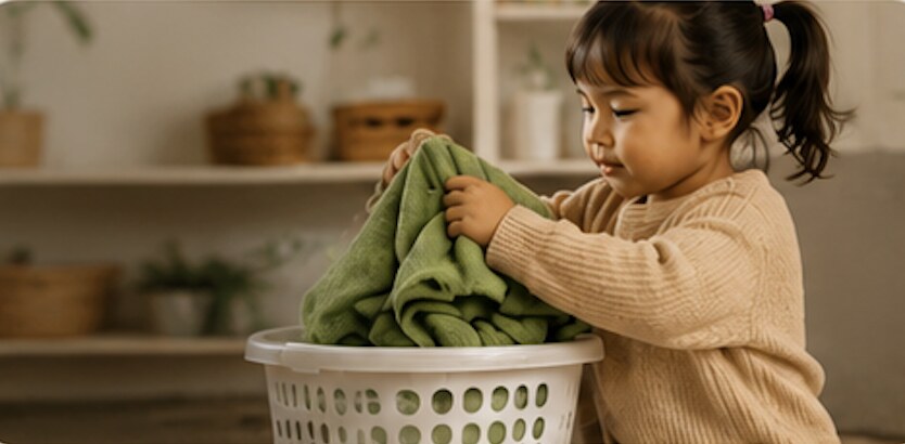 Toddler folding laundry into a basket