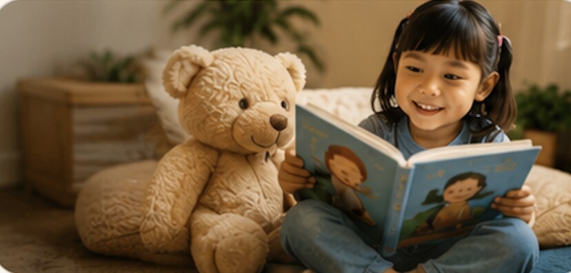 Child reading a picture book beside a teddy