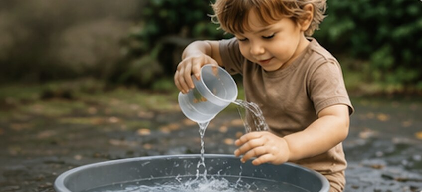 Toddler pouring water between bowls